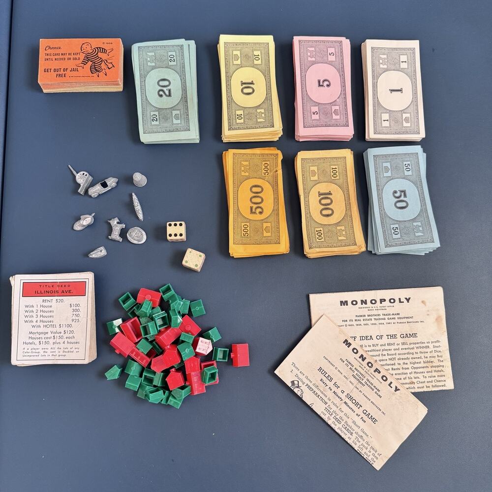 Vtg 1961 Parker Brothers Monopoly Board Game Parts Dice Cards Rules